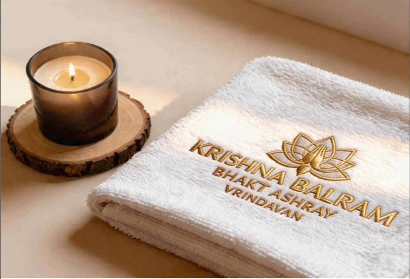 A folded white towel embroidered with the gold lotus lock-up, beside a lit candle