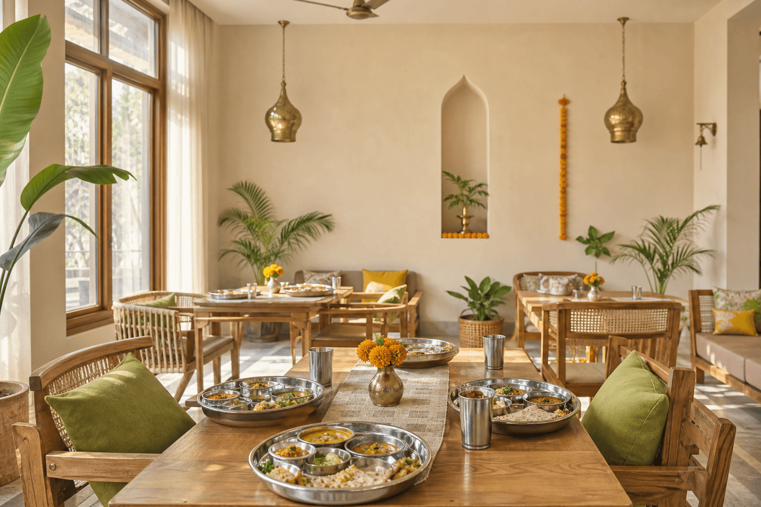 A bright family-friendly dining room prepared with fresh vegetarian thalis
